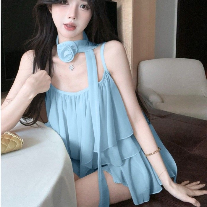 Phong cách nhẹ nhàng thiết kế không đều áo yếm mùa hè nơ hoa ba chiều ruy băng áo ren không t