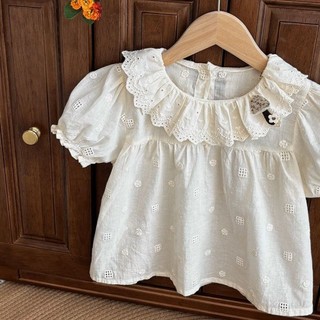 Áo sơ mi ren cổ lọ ngắn tay dành cho bé gái mùa hè có đế bằng vải cotton dành cho trẻ sơ sinh