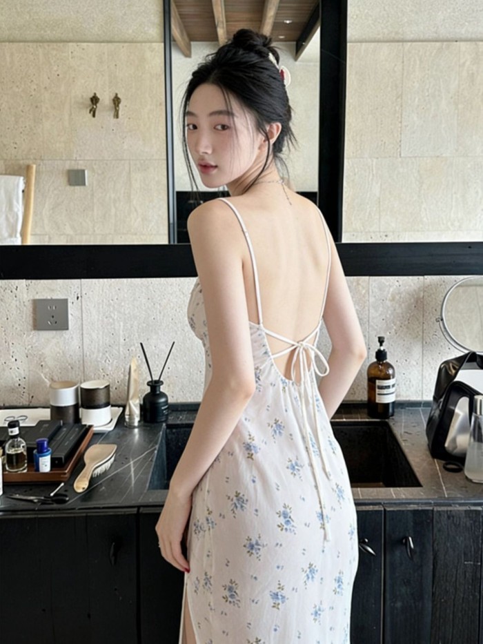 Đầm hoa ngọt ngào kiểu Pháp có dây treo váy ngủ dành cho nữ mùa hè thời trang mới gợi cảm Đầm