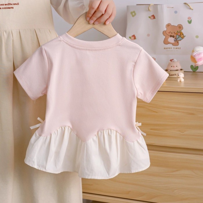 mẫu áo thun ngắn tay cổ tròn ngọt ngào dành cho bé gái mùa hè mới Áo thun viền lớn viền dễ thươn