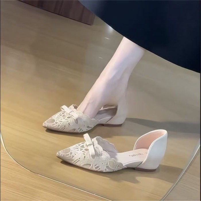Giày đế bệt mũi nhọn phối ren thoáng khí cao 3cm mùa xuân hè dành cho nữ
