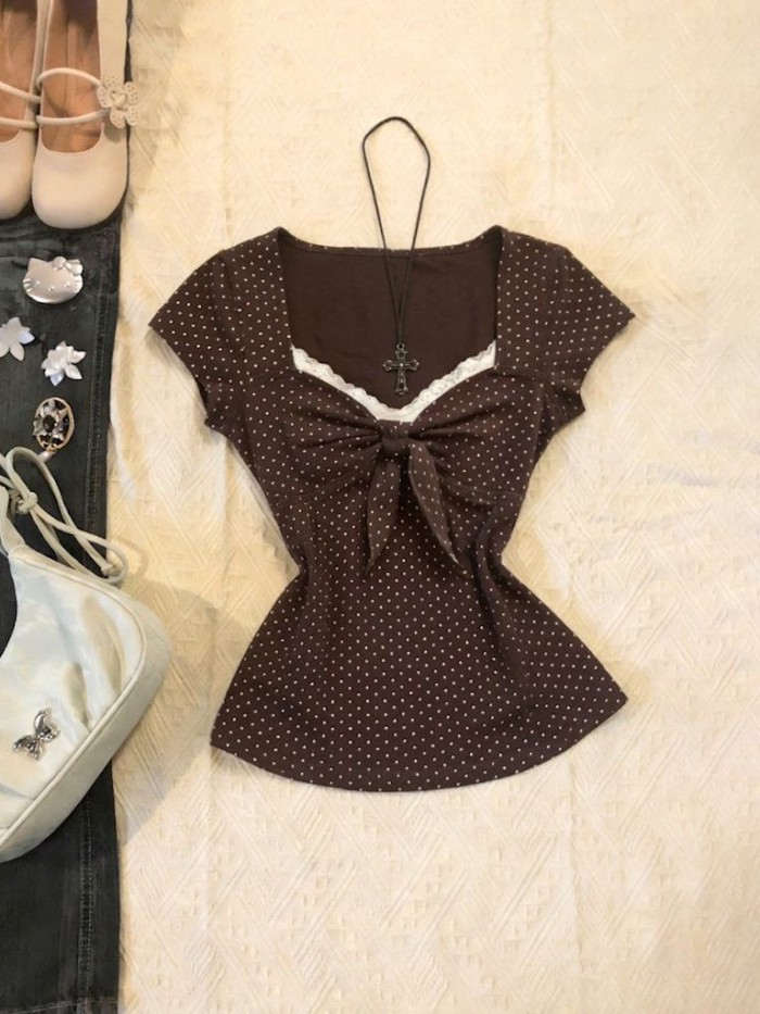 Năm thiết kế thời trang giản dị Millennial Retro Mỹ hottie y2k eo giả hai mảnh áo thun chấm b