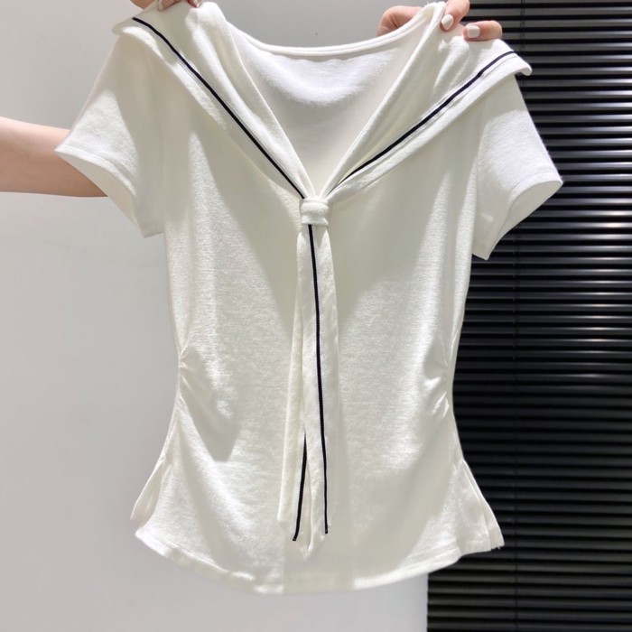 Cotton Trắng Hải Quân Vai Phải Áo Thun Nữ Tay Ngắn Mùa Hè Khe Slim Fit Phong Cách Hàn Quốc Áo Sơ