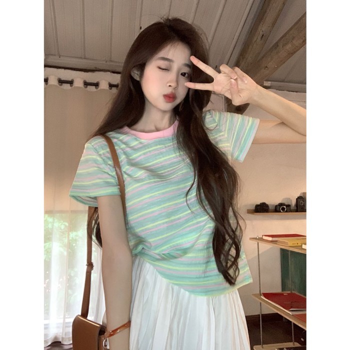 Áo thun ngắn tay Mint Mambo dành cho nữ mùa hè phong cách Hàn Quốc màu sắc sọc mỏng cổ tròn t