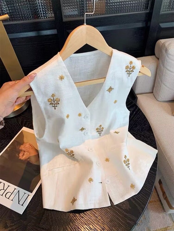 Lan ~ Pháp Vàng Ren Thêu Cổ Chữ v Cotton Áo Vest Nữ Mùa Hè Phong Cách Mới Tiền Cũ Phong Cách Thời Trang Sang Trọng Áo Vest Không Tay