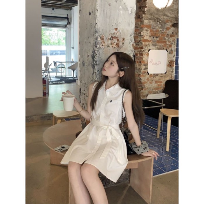 Đại Học Hàn Quốc Phong Cách Cổ Polo Áo Sơ Mi Nữ Mùa Hè Thiết Kế Quai Eo Giảm Béo Áo Vest Đầm