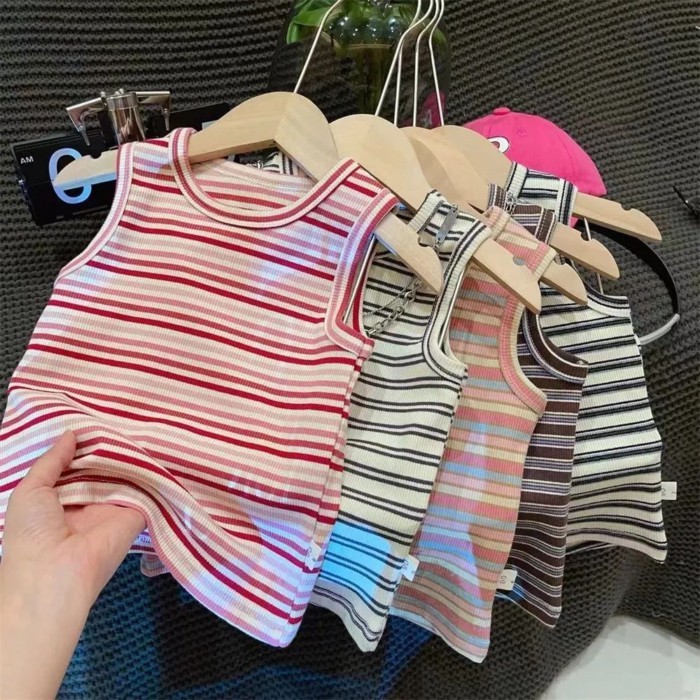 cô gái vest cô gái trẻ em mùa hè mới T-Shirt bé sọc đồ lót yếm không tay hàng đầu t