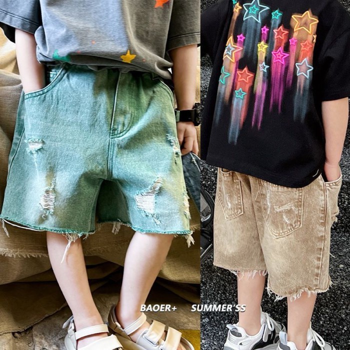 Quần short denim rách mùa hè cho bé trai, mỏng, hợp thời trang, đa năng, quần lửng giản dị, q