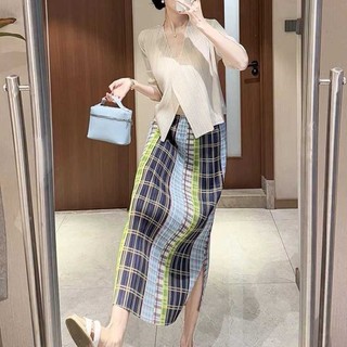 chiếc váy kẻ sọc ngang lưng tương phản kiểu cổ điển Nhật Bản Miyake váy cạp cao xếp li mùa hè