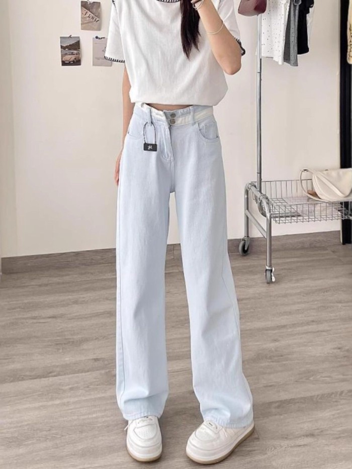 Thiết kế tinh tế, quần jean thẳng màu tương phản dành cho nữ, rộng rãi và linh hoạt, quần cạp