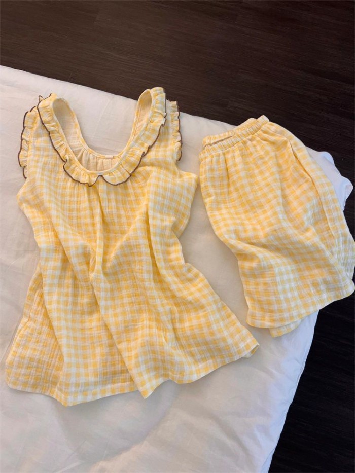 Bộ đồ ngủ phong cách Hàn Quốc dành cho nữ mùa hè thông thường ruffle quần short treo phù hợp với qu