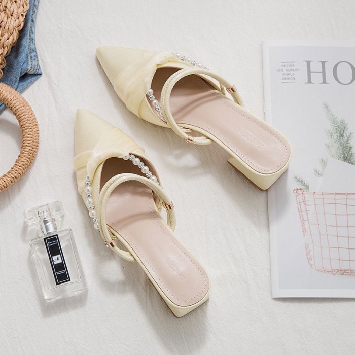 Giày sandal hai dây cao gót mùa xuân hè nữ kiểu Pháp nửa kéo, sandal mũi nhọn, giày nữ mũi nhọn gót