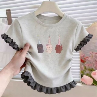 Quần áo trẻ em nữ giả hai mảnh in hình mỏng tay ngắn bé gái áo thun mùa hè độc đáo và đẹp thắt eo