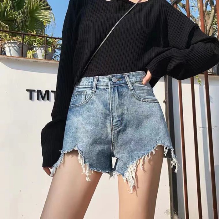 Quần short denim nữ mùa hè lưng cao học sinh mới giảm béo phong cách Hàn Quốc ống rộng dáng rộ