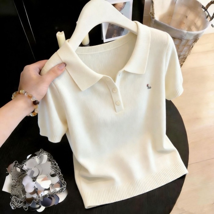 Cổ Polo Ice Silk Tay Ngắn Nữ Nửa Hở Cổ Nút Thêu Gió Nhẹ Nhàng Sáp Mềm Áo Thun Hàng Đầu