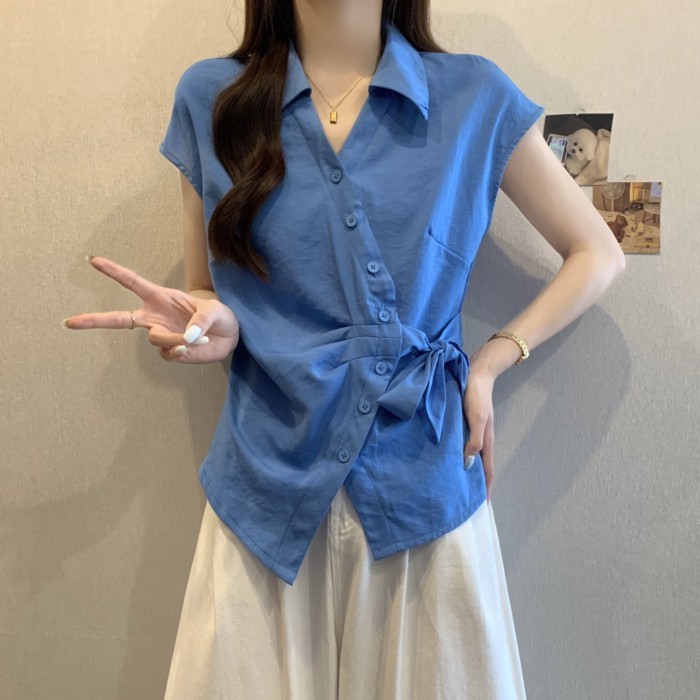 dây đai siết eo, sơ mi ngắn tay thời trang, giảm béo mới mùa hè, áo đơn giản, đa năng