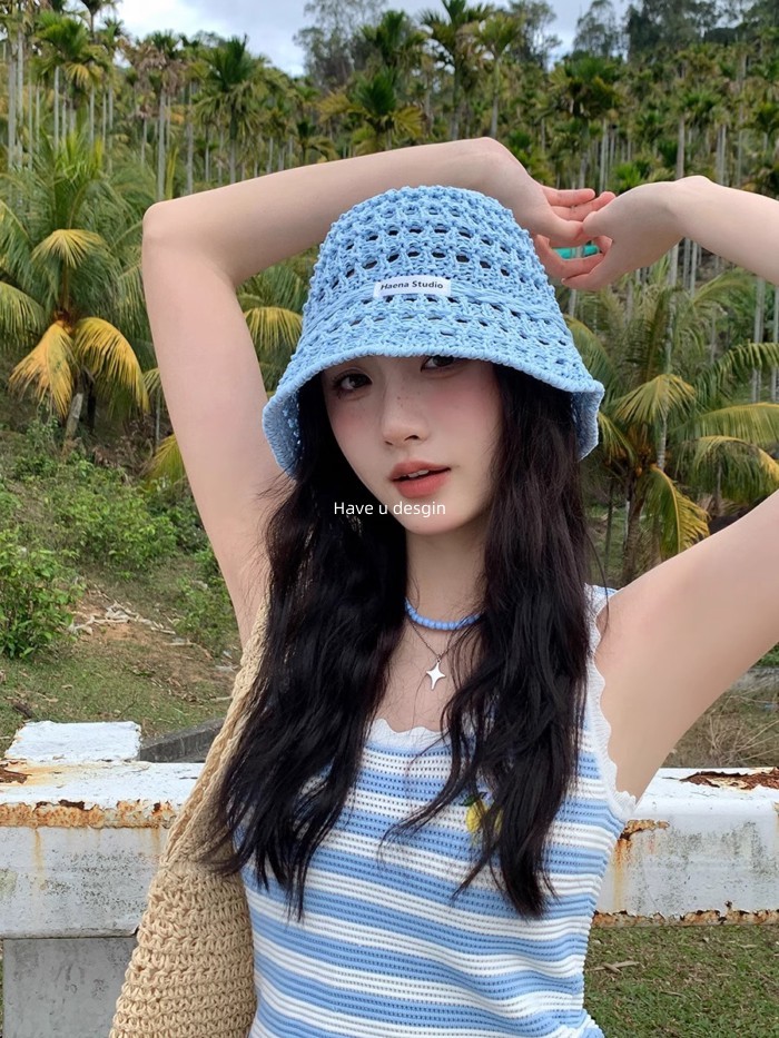 Mũ xô nữ màu hồng cói thoáng khí, che nắng vành lớn, phong cách ngọt ngào