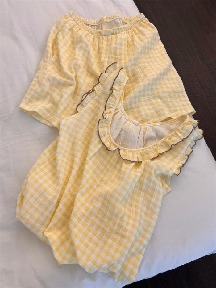 Bộ đồ ngủ phong cách Hàn Quốc dành cho nữ mùa hè thông thường ruffle quần short treo phù hợp với qu