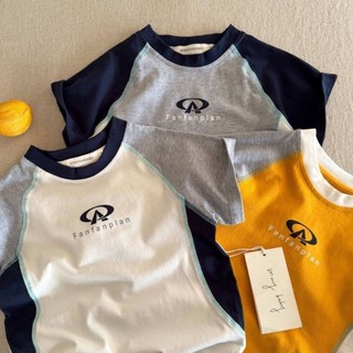 Áo thun cotton ngắn tay trẻ em mùa hè bé trai thương hiệu chữ raglan tay áo thể thao đa năng