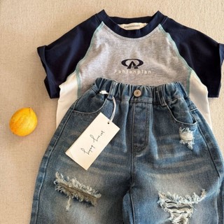 Áo thun cotton ngắn tay trẻ em mùa hè bé trai thương hiệu chữ raglan tay áo thể thao đa năng
