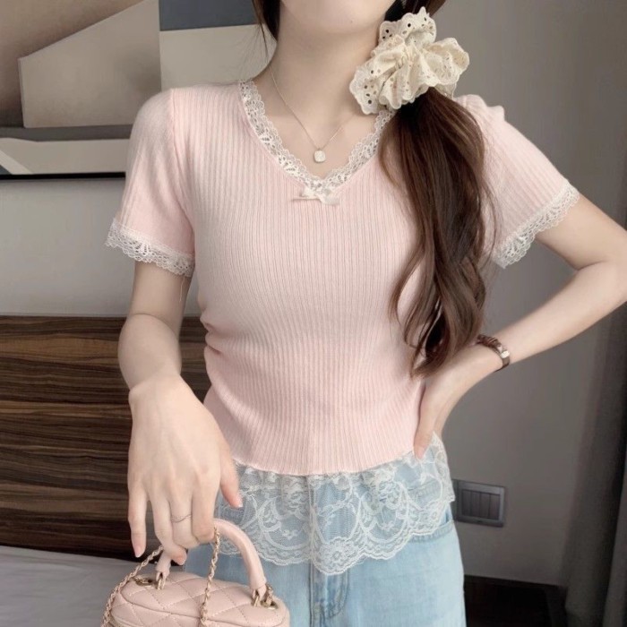 thun hai mảnh giả ren nối ren phong cách nhẹ nhàng dành cho nữ Áo thun cổ chữ V mới che bụng