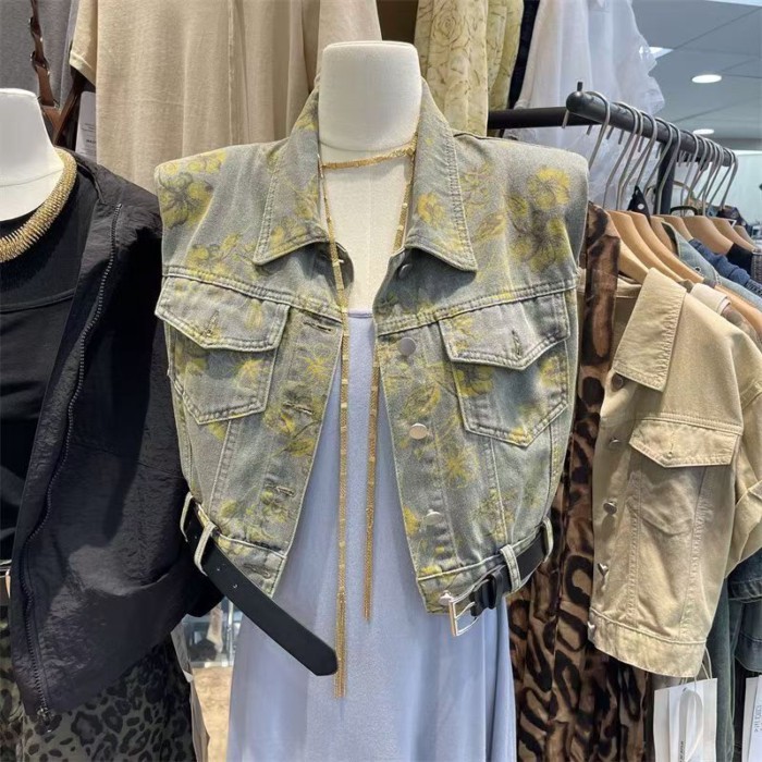 Áo vest denim hoa retro, thiết kế ngắn tay, phù hợp mùa hè