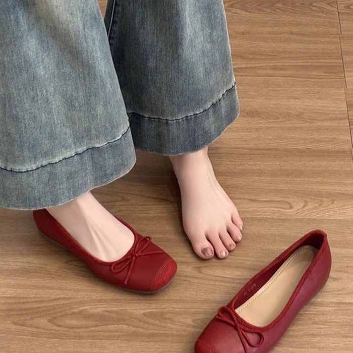 Giày mũ len thắt nơ mùa hè kiểu ba-lê nhỏ với giày bệt mũi vuông dành cho người nhỏ
