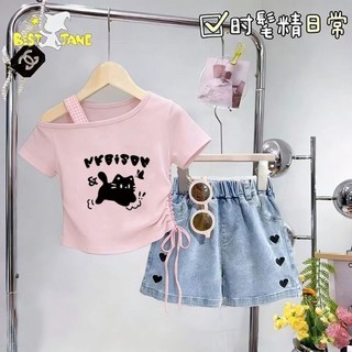 Bộ quần short denim mùa hè cho bé gái dành cho trẻ nhỏ, vừa và lớn, áo trễ vai thời trang cho bé gá