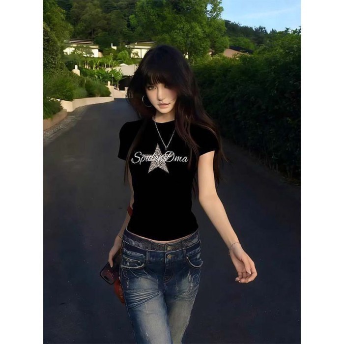 Lan ~ American Hot Girl Retro Da Báo In Áo Thun Nữ Mùa Hè Phong Cách Mới Slim-fit Ngọt Ngào Phong Cách Mỏng Hơn Nhìn Ngắn Top