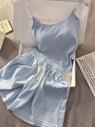 bộ đồ ngủ nhỏ có dây đeo sọc xanh tươi mới dành cho nữ mùa hè phong cách mới vest quần short mặc