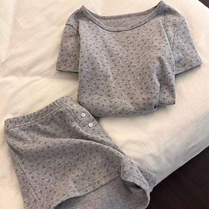 Bộ Đồ Ngủ Cổ Tròn Họa Tiết Hoa Retro Cho Nữ Mùa Hè Phong Cách Hàn Quốc Mới Thường Ngày Mỏng T