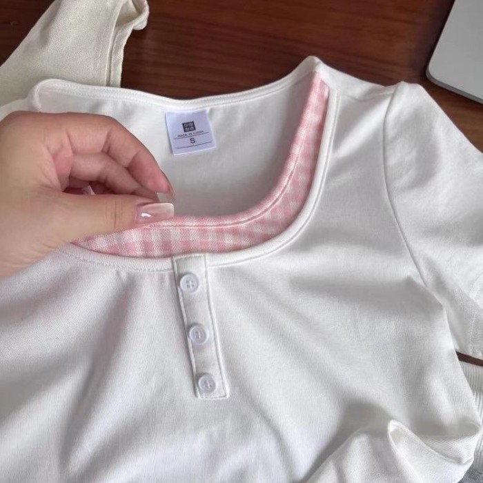 Áo thun ngắn tay kẻ sọc tương phản ngọt ngào cho bé gái, trẻ em vừa và lớn, áo trễ vai dáng ô