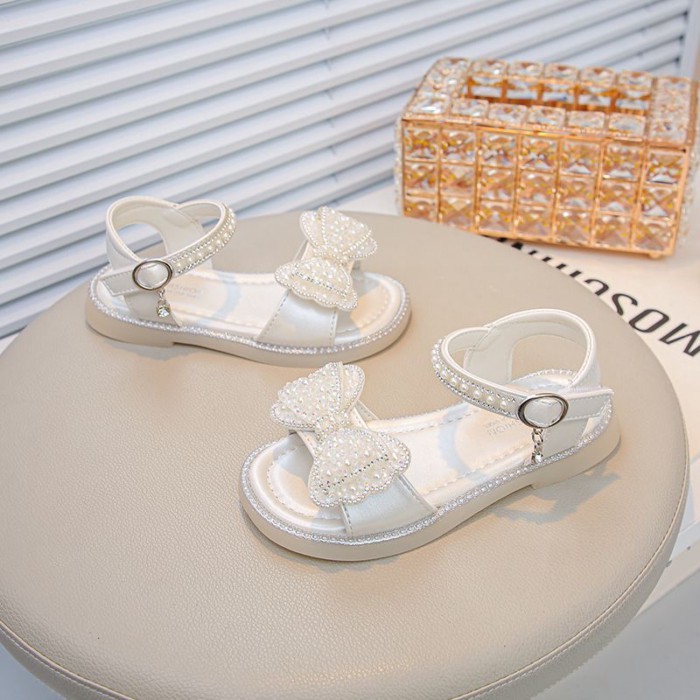 Giày Sandal Đế Mềm Nơ Pha Lê Giày Bé Gái Ngọc Trai Giày Công Chúa Giày Đi Biển Hợp Thời Trang