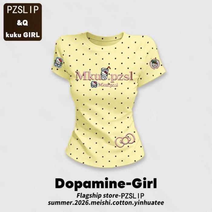 Áo thun ngắn tay cổ tròn chấm bi không bóng dành cho nữ mùa xuân hè xanh bạc hà dopamine slim fit t