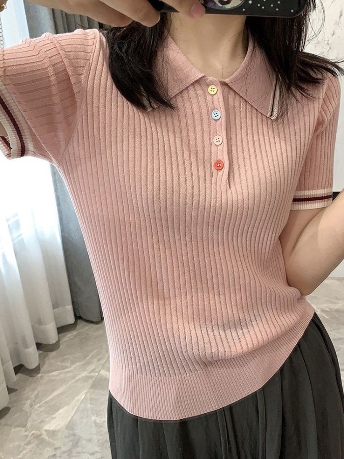 Áo thun Polo dệt kim màu xám dáng suông đa năng, áo thun ngắn tay dành cho nữ trong mùa săn v
