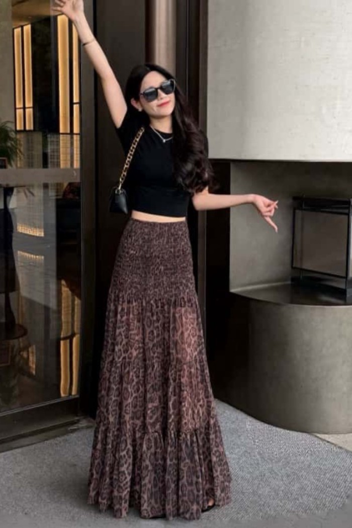 Váy chữ A dáng ôm thời trang retro mùa xuân hè mới váy voan lưng cao in họa tiết da báo ôm sát h