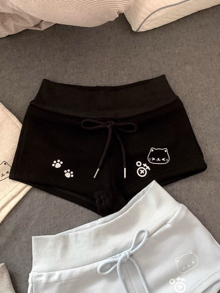 Quần short thể thao nữ in hình mèo, phù hợp mùa hè, dáng slim-fit