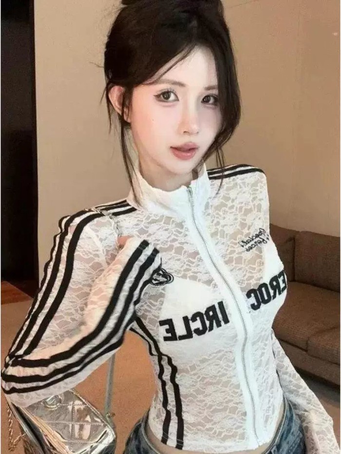 Áo len cardigan ren xuyên thấu kiểu Mỹ có cổ đứng dài tay dáng ôm mùa hè dành cho nữ