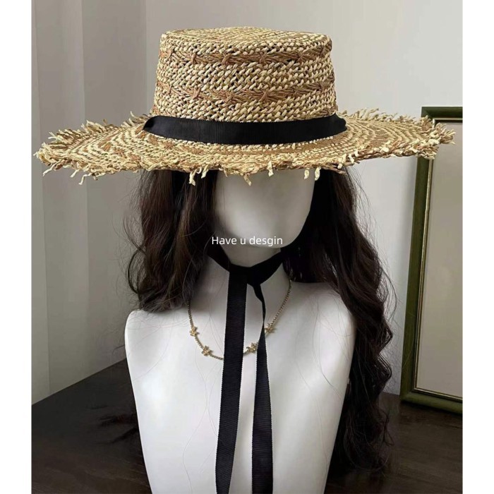 Have u desgin Pháp Retro Phong Cách Tiền Cũ Flat Top Mũ Rơm Nữ Mùa Hè Cao Cấp Phối Ren Màu Hỗn Hợp Mũ Rơm Vành Lớn Mũ Đi Biển