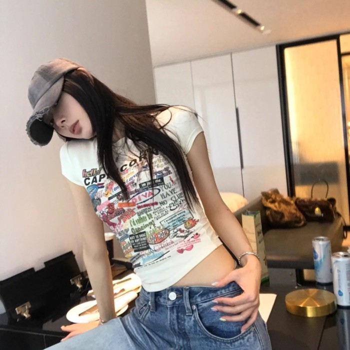 Lan ~ Áo thun đeo vai trang trọng phong cách Mỹ dành cho nữ mùa hè Graffiti in hình Cotton nguyên chất nặng tay ngắn cổ điển Hot Girl Slim @