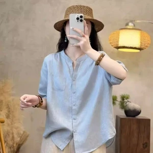 Áo sơ mi sạch sẽ ngắn tay bằng cotton và vải lanh cho nữ, áo sơ mi ôm một bên ngực, áo len dáng rộn