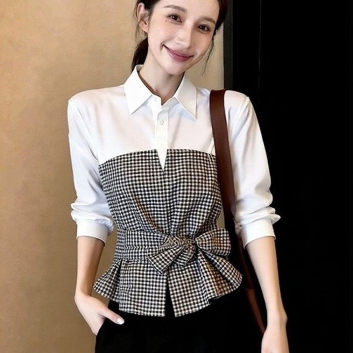 áo dây thắt lưng đi làm đầu xuân áo sơ mi giả hai mảnh cao cấp độc đáo và đẹp mắt dành cho nữ