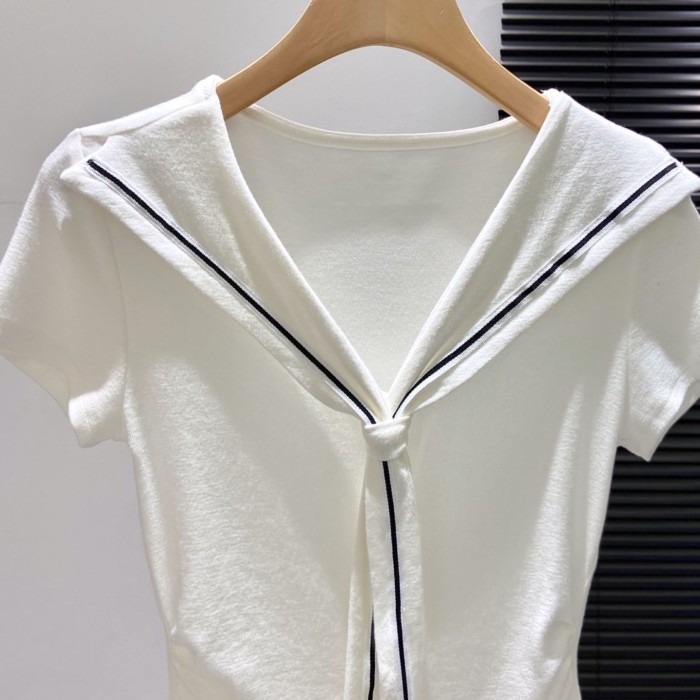 Cotton Trắng Hải Quân Vai Phải Áo Thun Nữ Tay Ngắn Mùa Hè Khe Slim Fit Phong Cách Hàn Quốc Áo Sơ