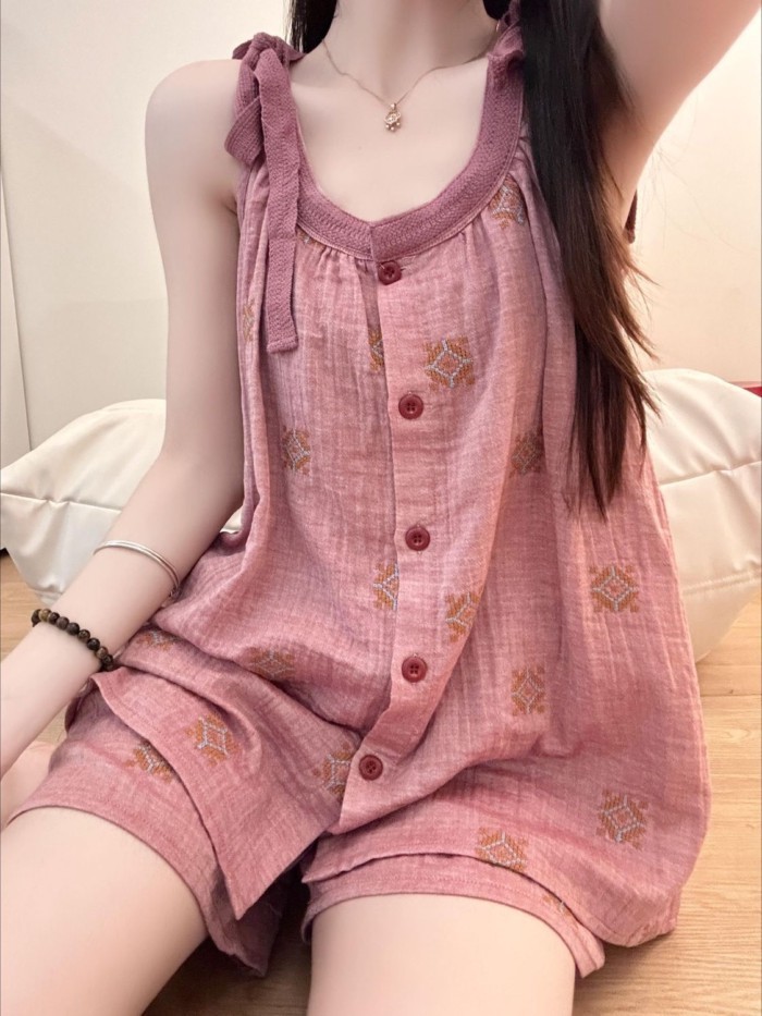 Phong cách Trung Quốc mới Bộ đồ ngủ có dây đeo phong cách Trung Quốc dành cho nữ trong mùa hè