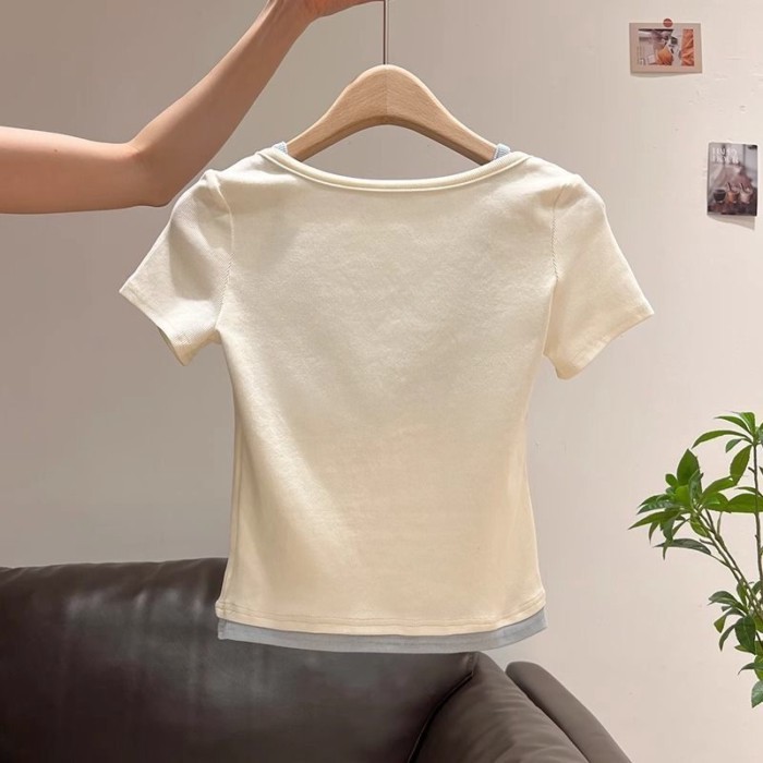 Mùa Hè Sang Trọng Và Đẹp Phiên Bản Hàn Quốc Màu Sắc Tương Phản Giả Hai Mảnh Cổ Hở Nửa Áo Sơ Mi B