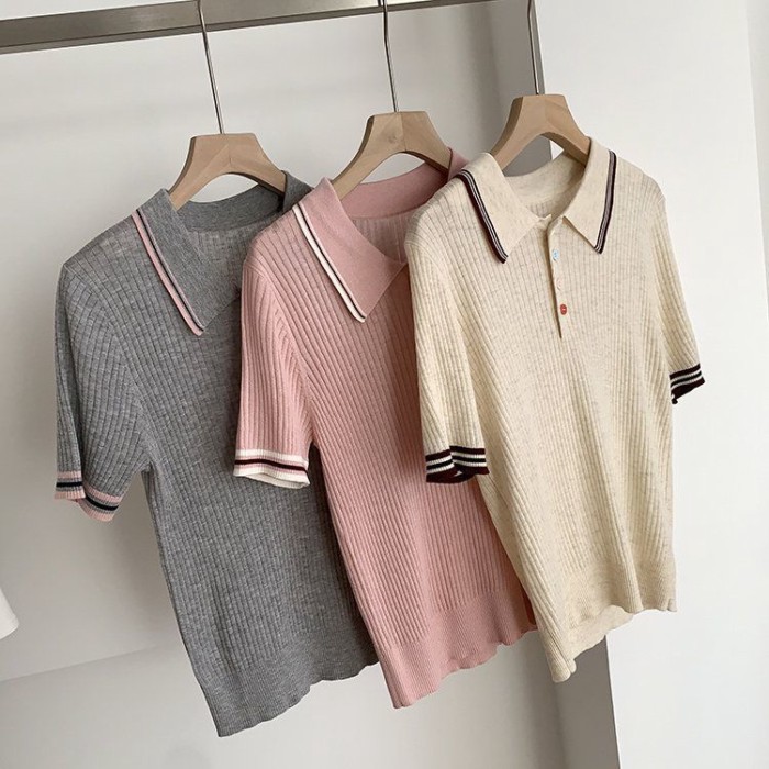 Áo thun Polo dệt kim màu xám dáng suông đa năng, áo thun ngắn tay dành cho nữ trong mùa săn v
