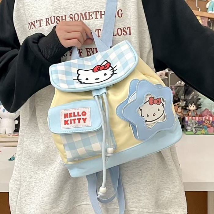 Túi Đi Học Mới Trường Cao Đẳng Ba Lô Kẻ Sọc Dễ Thương Dây Rút Mini KT Girl Katie Hoạt Hình Ba