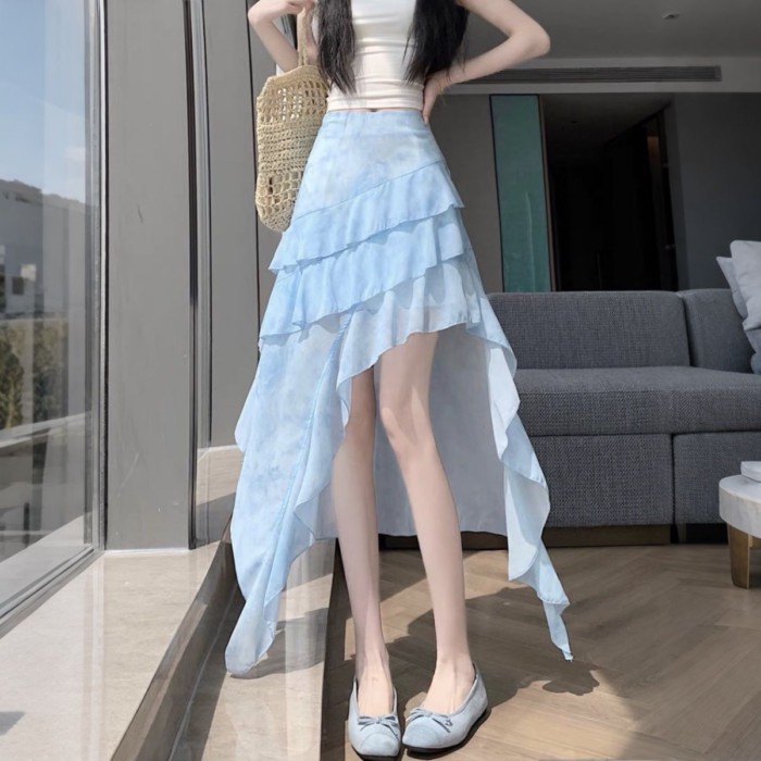 Váy váy buộc dây không đều màu cho nữ mùa hè kiểu dáng mới xù lưới váy chữ A dài ngang hông