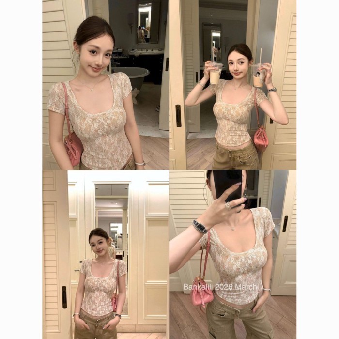 Nguyên Chất Desire Cổ Vuông Phối Ren Áo Thun Nữ Tay Ngắn Nữ Pháp Slim Fit Mỏng Tính Khí Nguyê