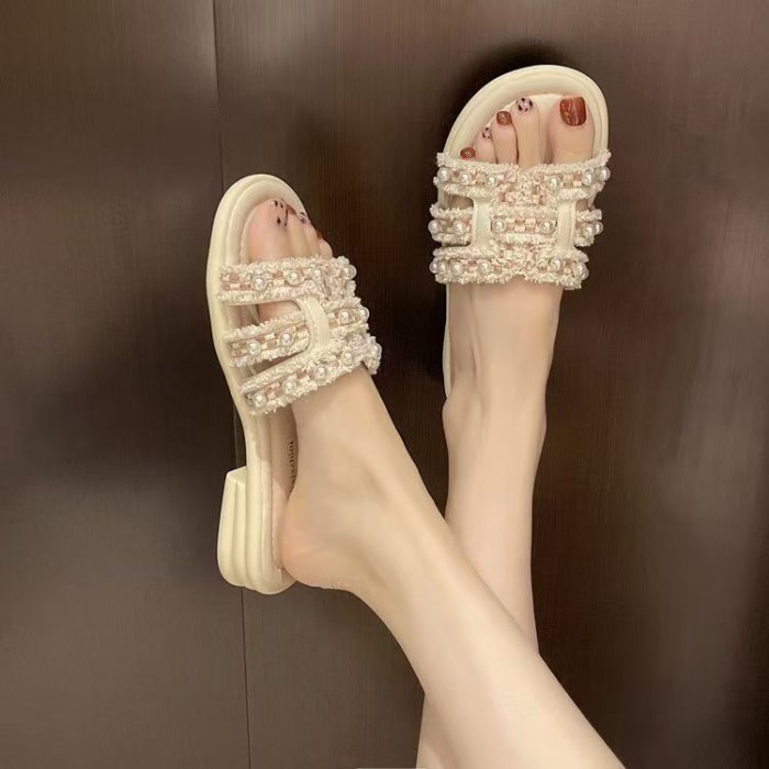 Dép ngọc trai mùa hè cho nữ, dép xỏ ngón đế phẳng, sandal đi biển đa năng kèm váy
